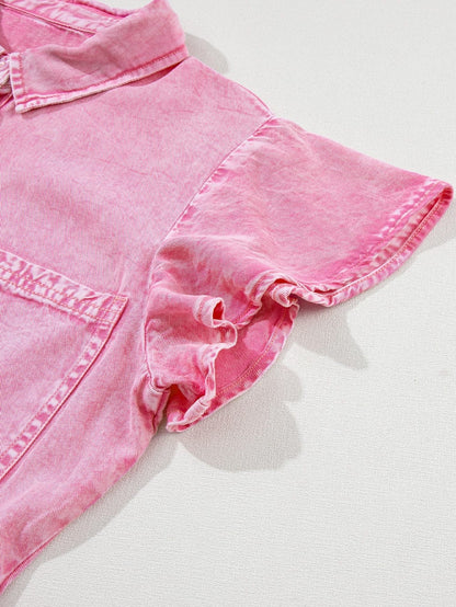 Mineral Washed Pink Chambray Dress with Ruffle Sleeves