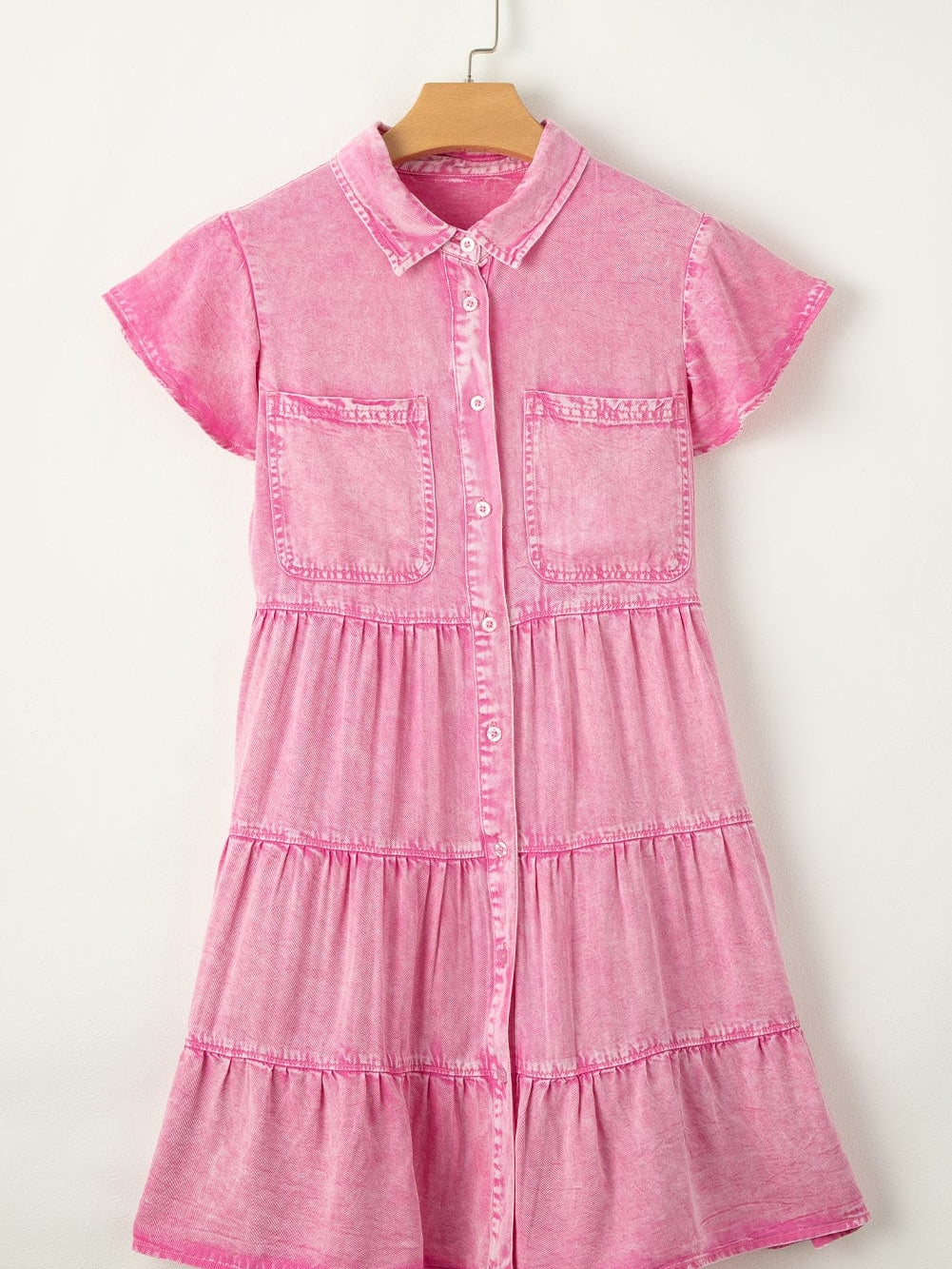 Mineral Washed Pink Chambray Dress with Ruffle Sleeves