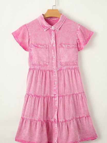Mineral Washed Pink Chambray Dress with Ruffle Sleeves