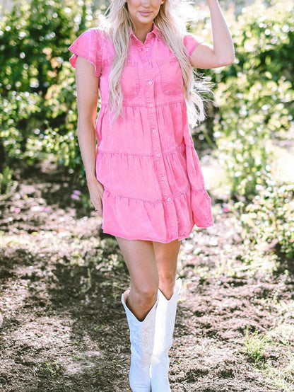 Mineral Washed Pink Chambray Dress with Ruffle Sleeves