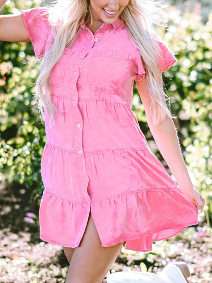 Mineral Washed Pink Chambray Dress with Ruffle Sleeves