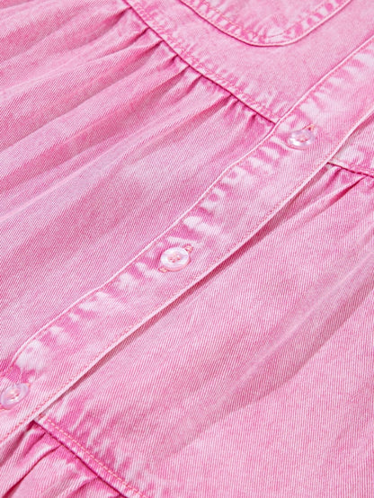 Mineral Washed Pink Chambray Dress with Ruffle Sleeves