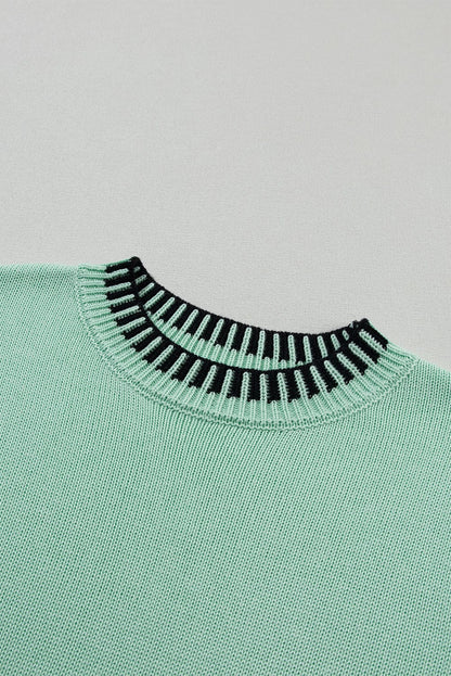 Mint Green Batwing Sleeve Knit Top with Contrast Trim
