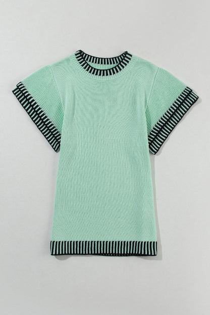Mint Green Batwing Sleeve Knit Top with Contrast Trim