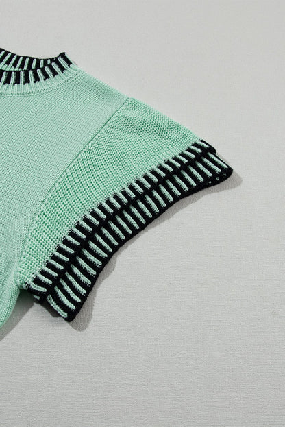 Mint Green Batwing Sleeve Knit Top with Contrast Trim