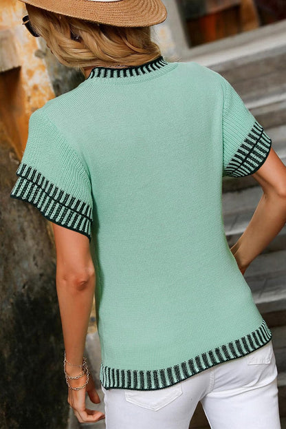 Mint Green Batwing Sleeve Knit Top with Contrast Trim