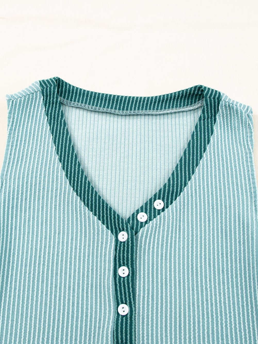Mint Green Ribbed V-Neck Tank Top with Button Detail