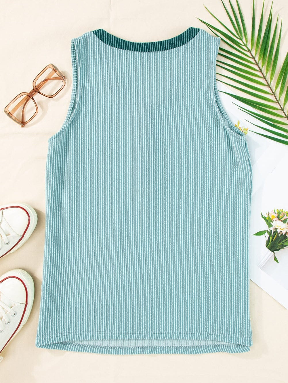 Mint Green Ribbed V-Neck Tank Top with Button Detail