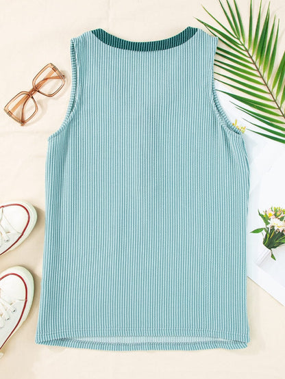 Mint Green Ribbed V-Neck Tank Top with Button Detail