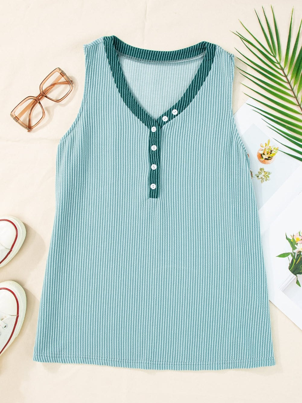 Mint Green Ribbed V-Neck Tank Top with Button Detail