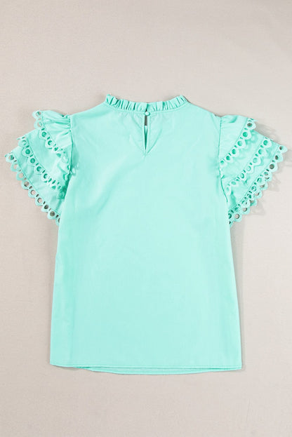 Mint Green Ric Rac Detailed Cap Sleeve Flounced Neckline Blouse