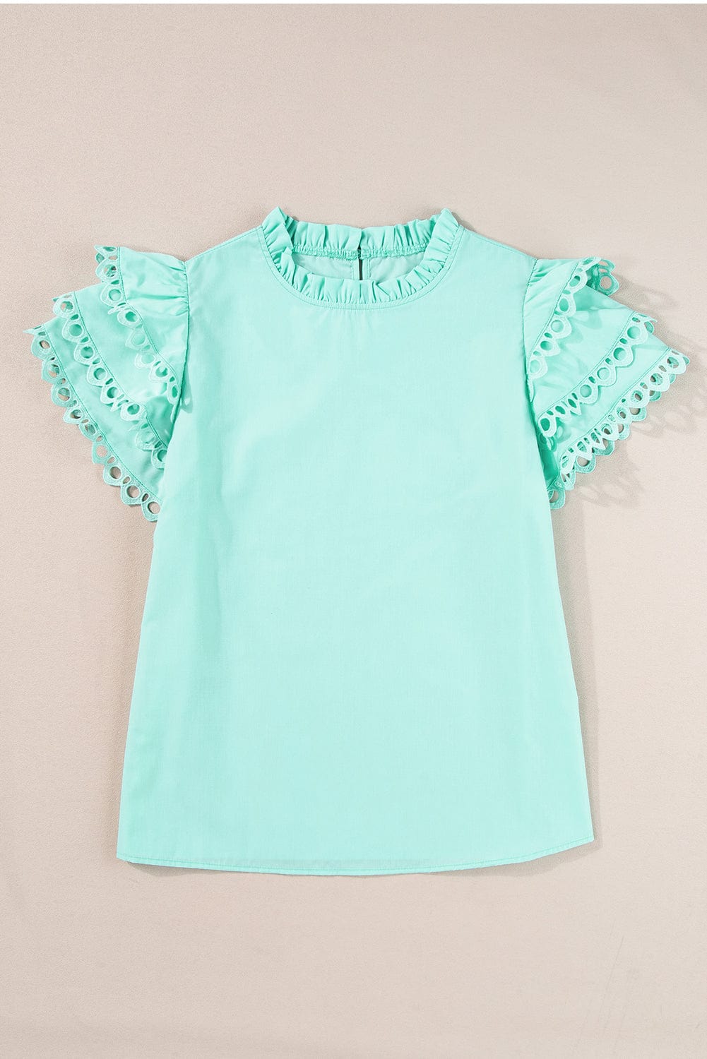 Mint Green Ric Rac Detailed Cap Sleeve Flounced Neckline Blouse