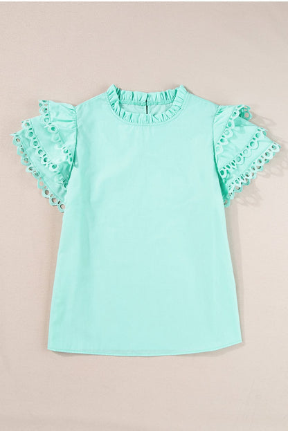 Mint Green Ric Rac Detailed Cap Sleeve Flounced Neckline Blouse