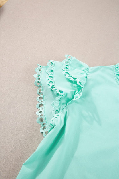 Mint Green Ric Rac Detailed Cap Sleeve Flounced Neckline Blouse