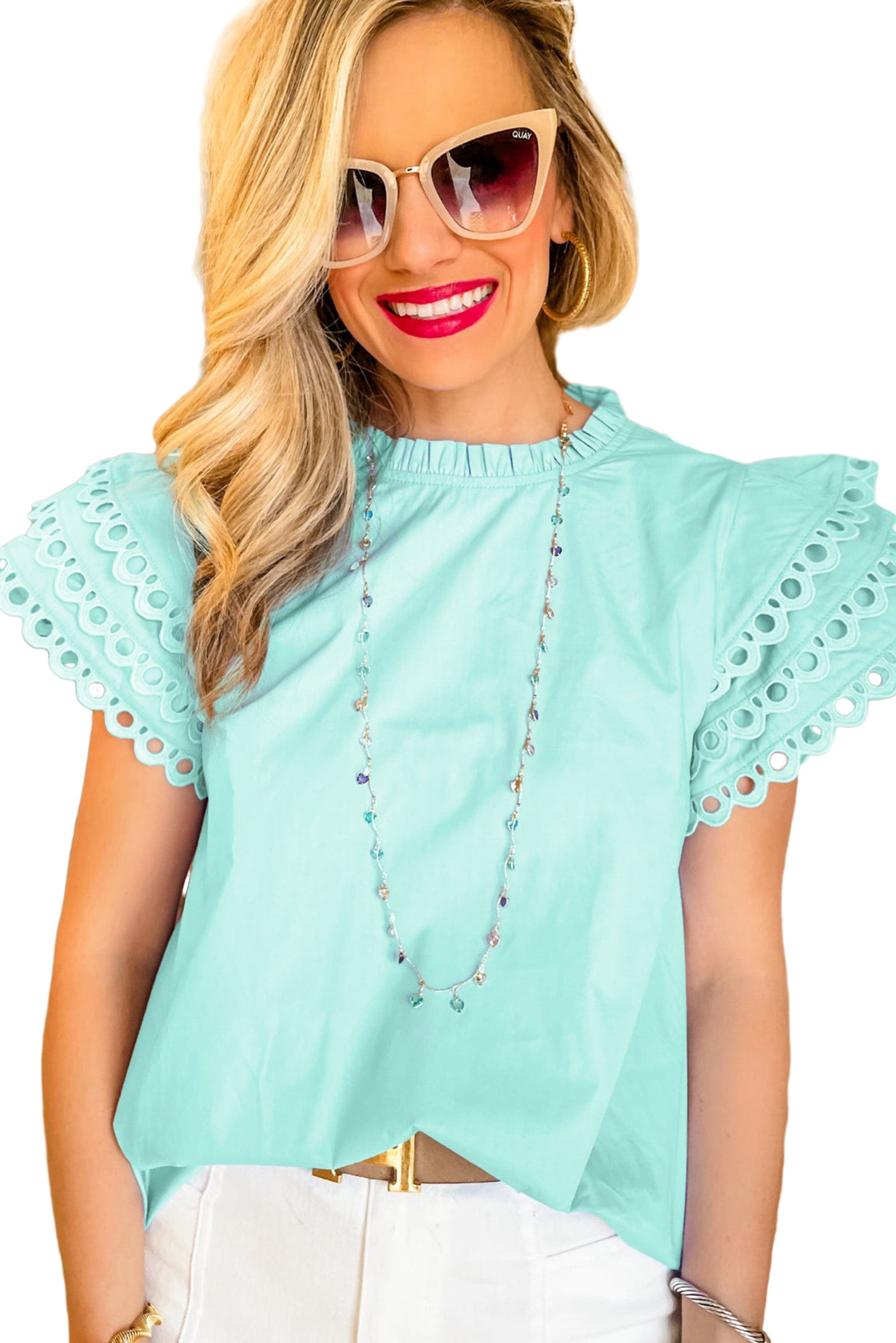 Mint Green Ric Rac Detailed Cap Sleeve Flounced Neckline Blouse