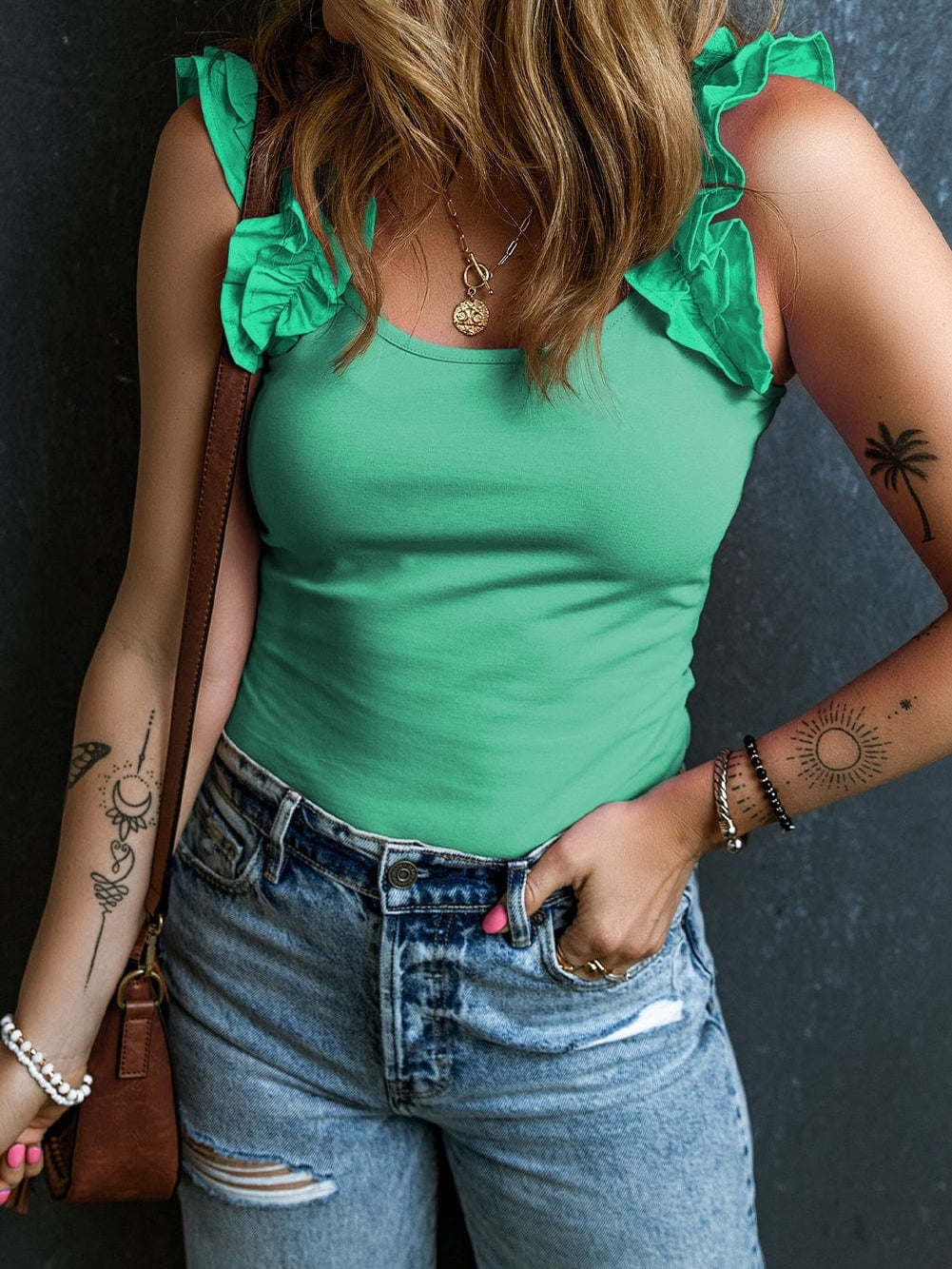 Mint Green Sleeveless Ruffled Tank Top with U Neckline