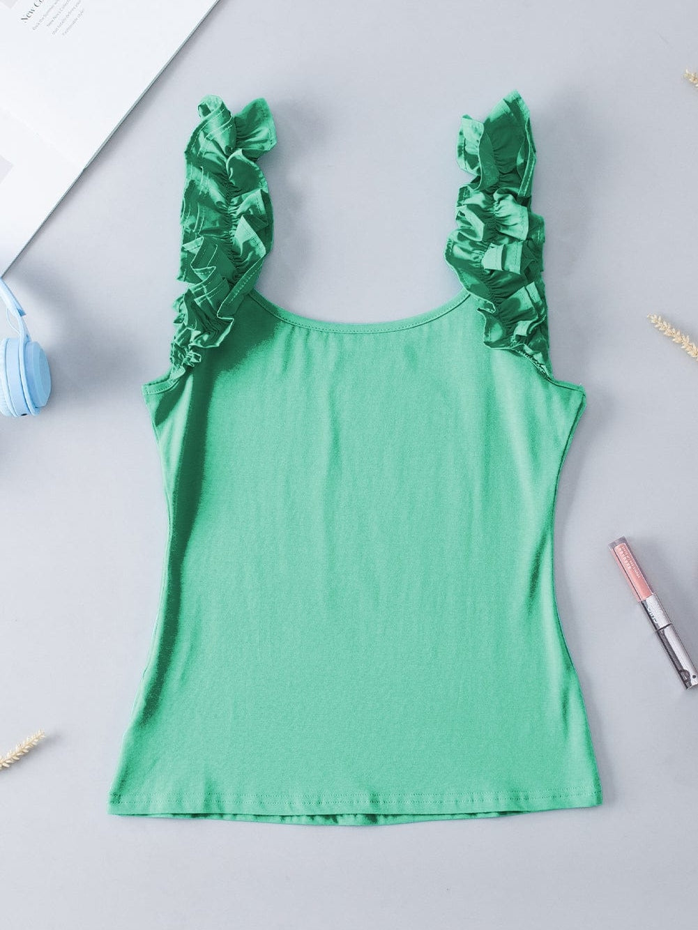 Mint Green Sleeveless Ruffled Tank Top with U Neckline