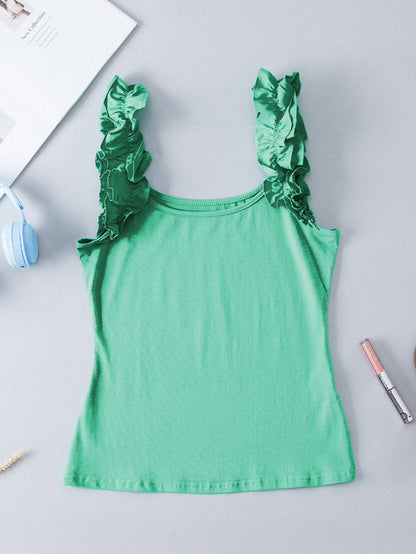 Mint Green Sleeveless Ruffled Tank Top with U Neckline