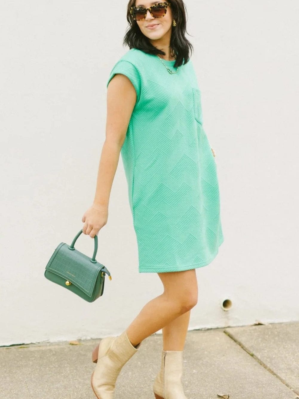 Mint Green Textured Cap Sleeve Shift Dress with Pocket