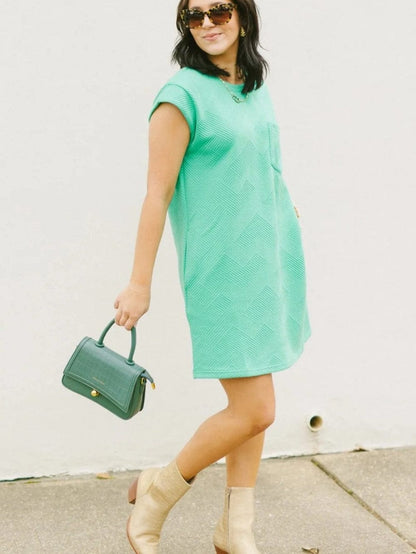 Mint Green Textured Cap Sleeve Shift Dress with Pocket