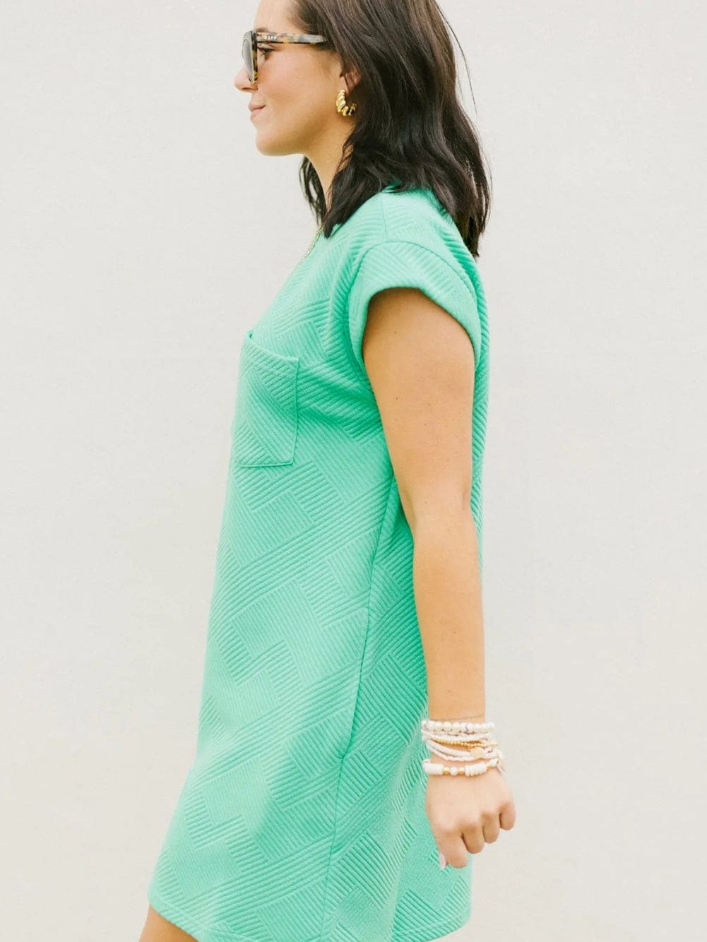 Mint Green Textured Cap Sleeve Shift Dress with Pocket