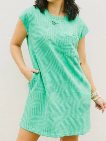 Mint Green Textured Cap Sleeve Shift Dress with Pocket