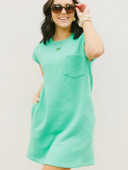 Mint Green Textured Cap Sleeve Shift Dress with Pocket