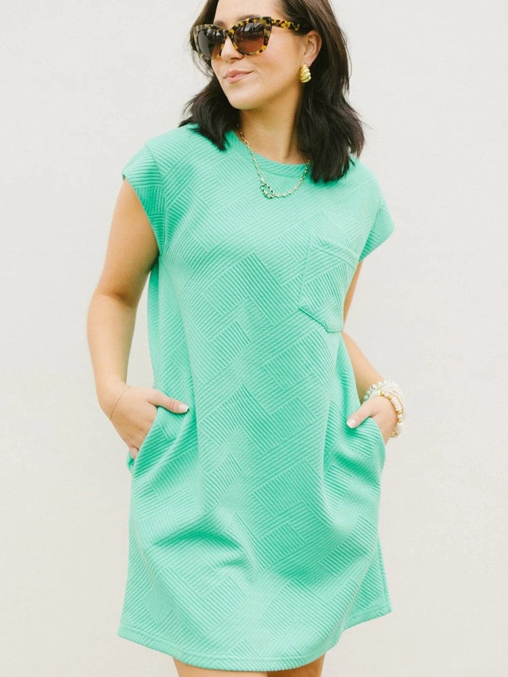 Mint Green Textured Cap Sleeve Shift Dress with Pocket
