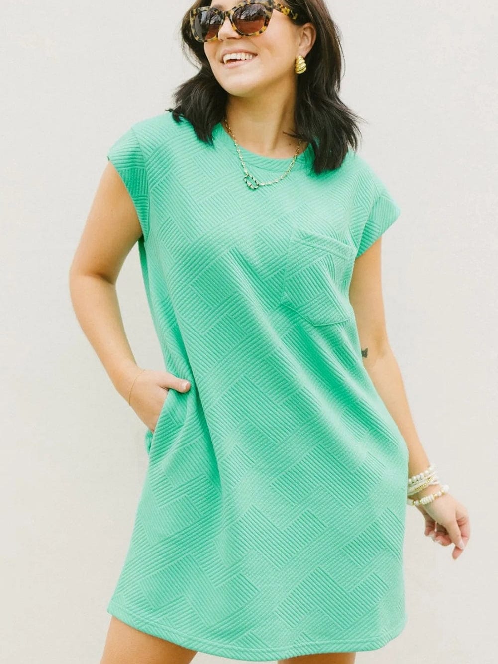 Mint Green Textured Cap Sleeve Shift Dress with Pocket