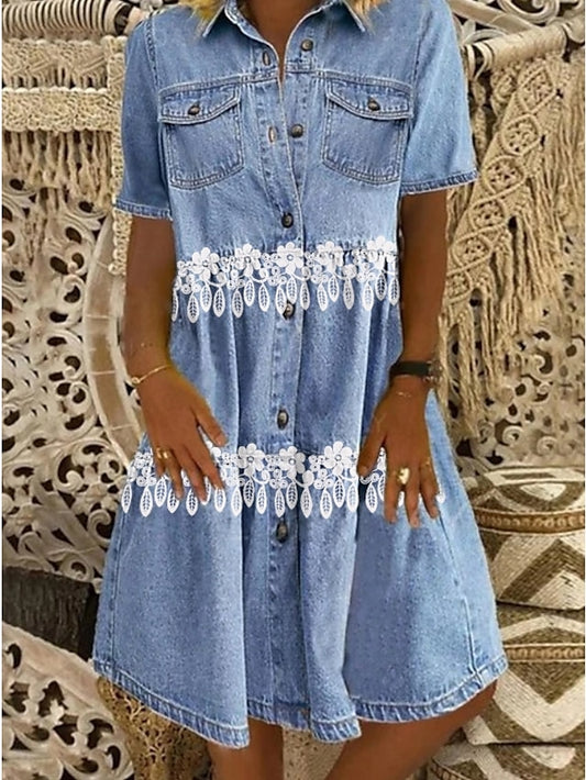 Women's Dress - Denim Dress Midi Dress Blue Short Sleeve Lace Spring Summer Shirt Collar M L XL XXL 3XL