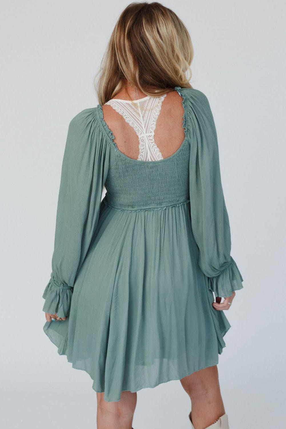 Mist Green Smocked Ruffle Sleeve A-Line Mini Dress