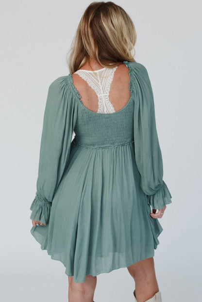 Mist Green Smocked Ruffle Sleeve A-Line Mini Dress