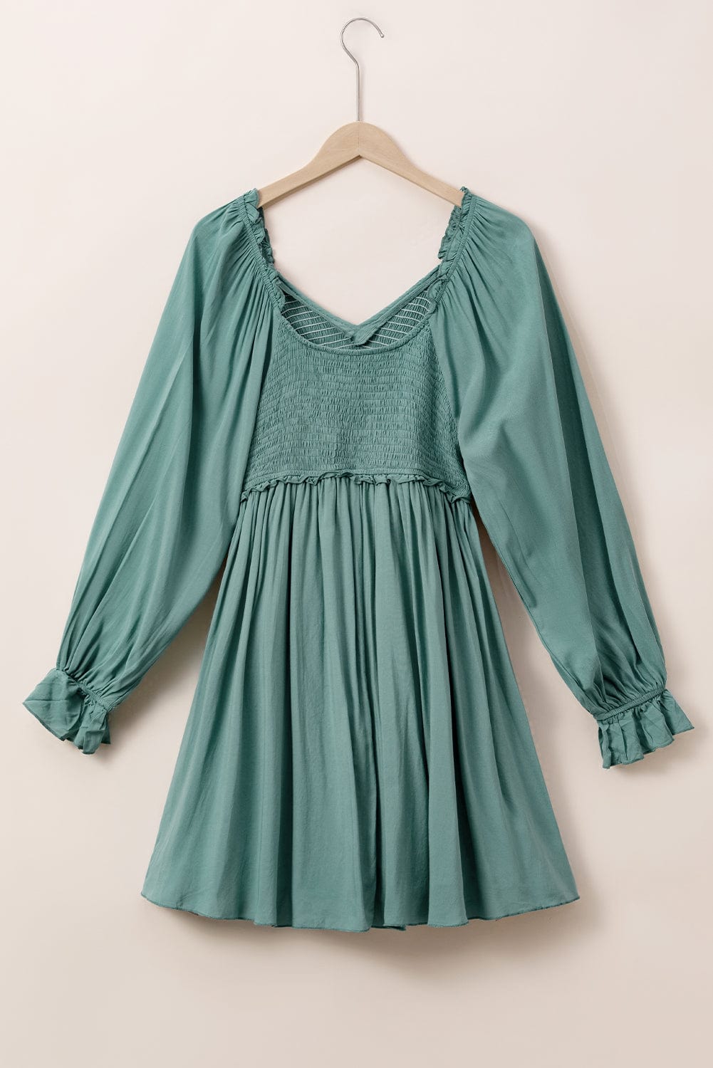 Mist Green Smocked Ruffle Sleeve A-Line Mini Dress