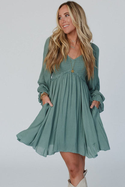 Mist Green Smocked Ruffle Sleeve A-Line Mini Dress