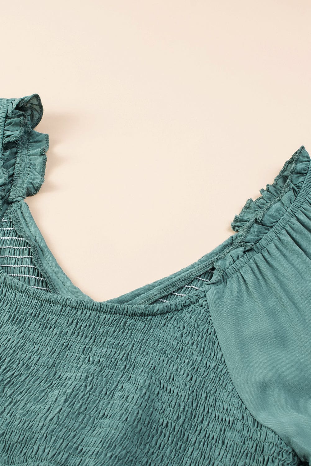 Mist Green Smocked Ruffle Sleeve A-Line Mini Dress