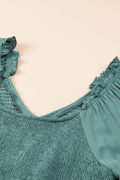 Mist Green Smocked Ruffle Sleeve A-Line Mini Dress