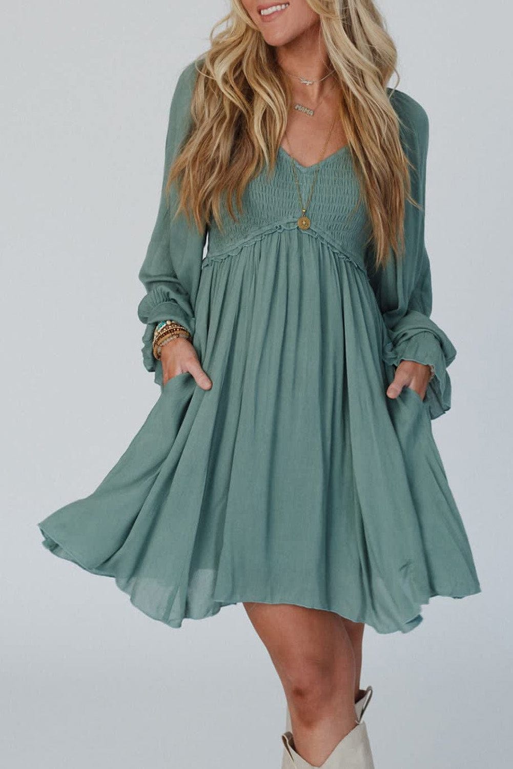 Mist Green Smocked Ruffle Sleeve A-Line Mini Dress