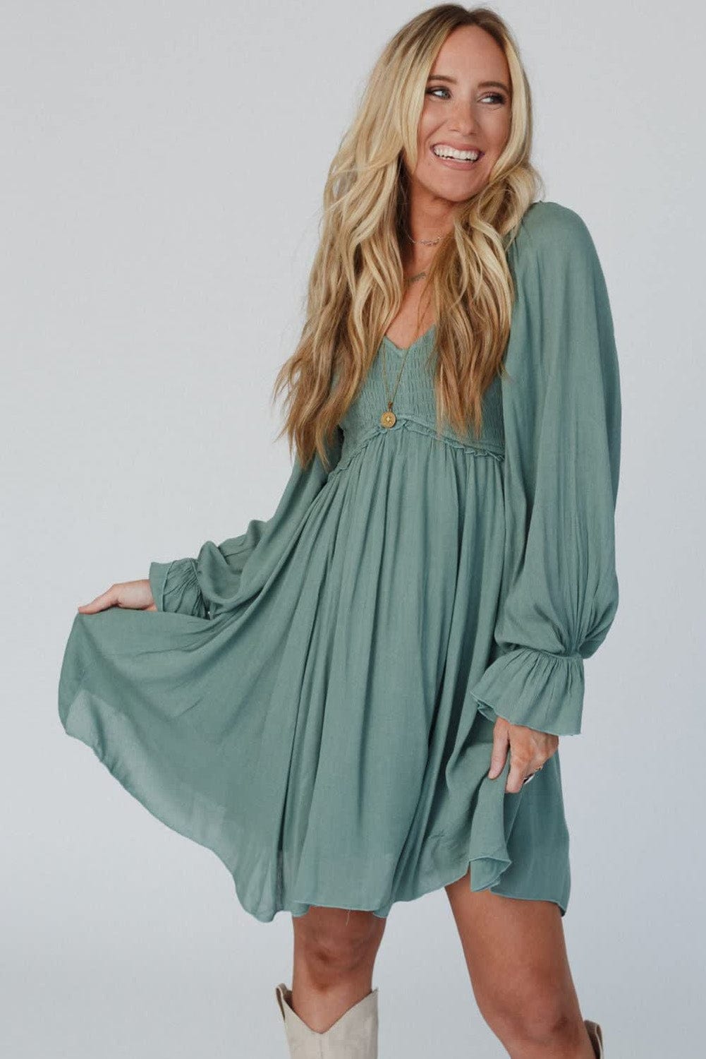 Mist Green Smocked Ruffle Sleeve A-Line Mini Dress