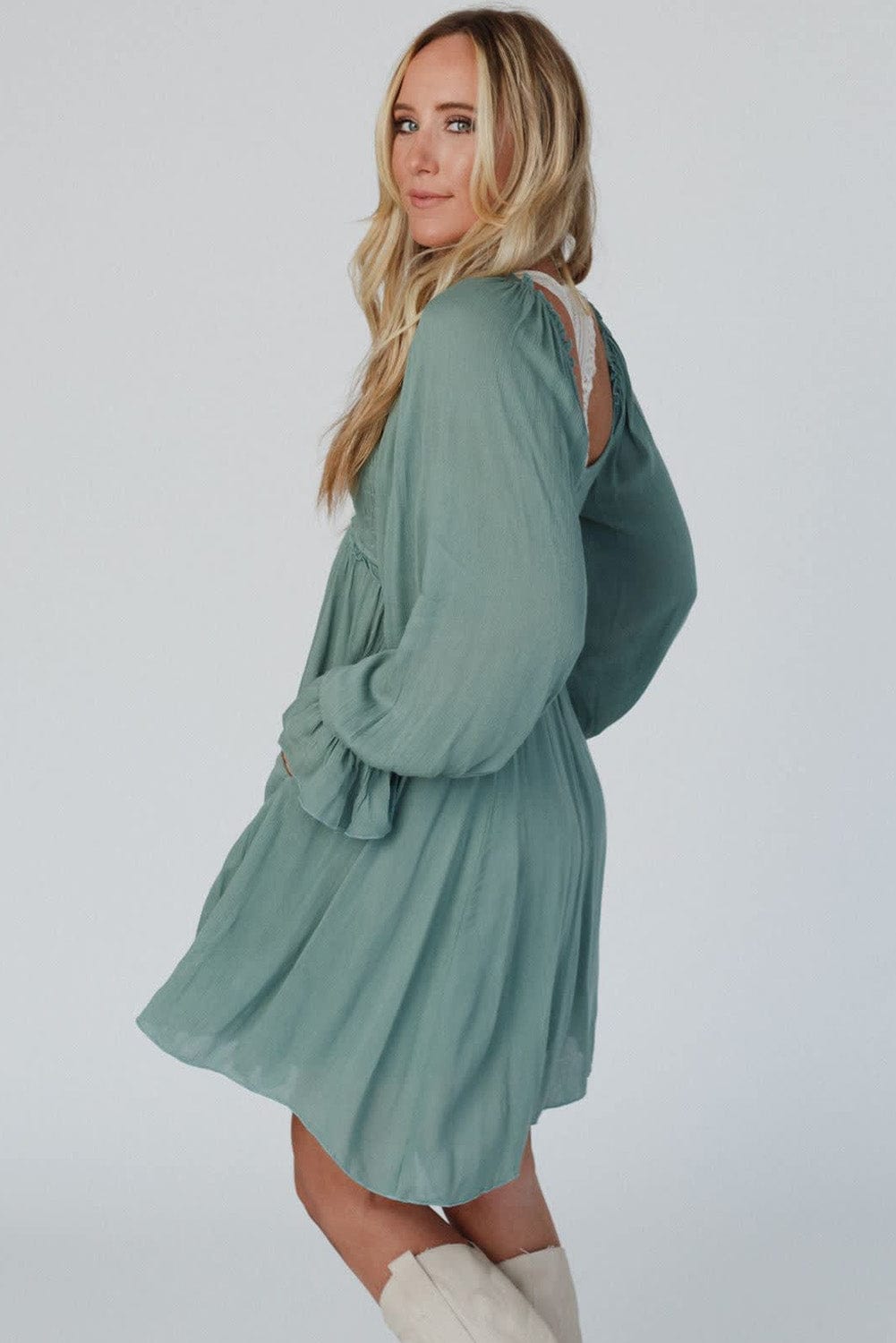 Mist Green Smocked Ruffle Sleeve A-Line Mini Dress