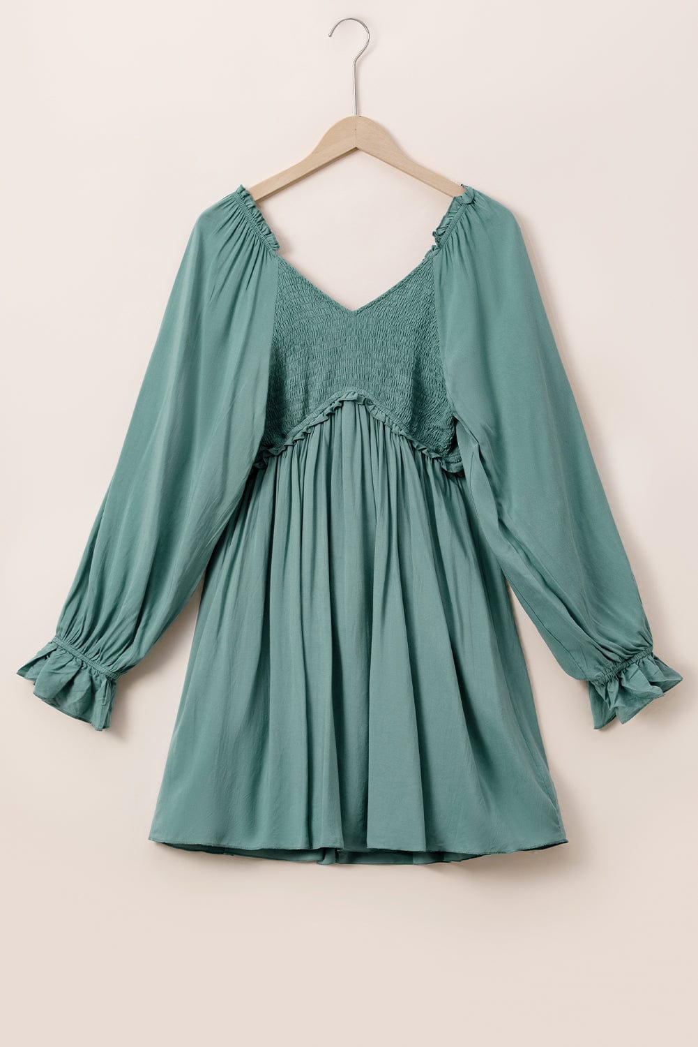 Mist Green Smocked Ruffle Sleeve A-Line Mini Dress