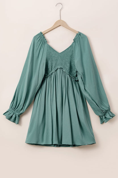 Mist Green Smocked Ruffle Sleeve A-Line Mini Dress
