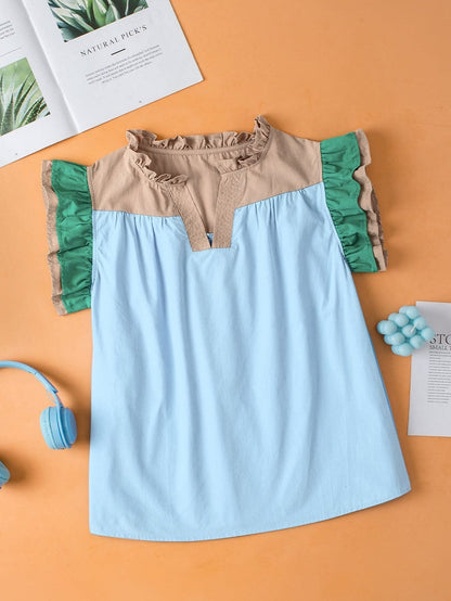 Misty Blue Colorblock V-Neck Blouse with Ruffled Sleeves