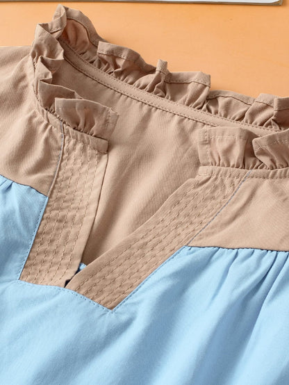 Misty Blue Colorblock V-Neck Blouse with Ruffled Sleeves