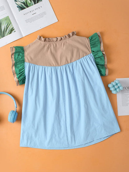 Misty Blue Colorblock V-Neck Blouse with Ruffled Sleeves