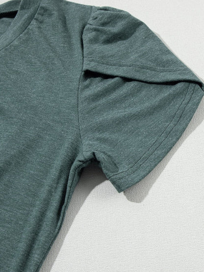 Misty Green Petal Sleeve V Neck Casual T-Shirt