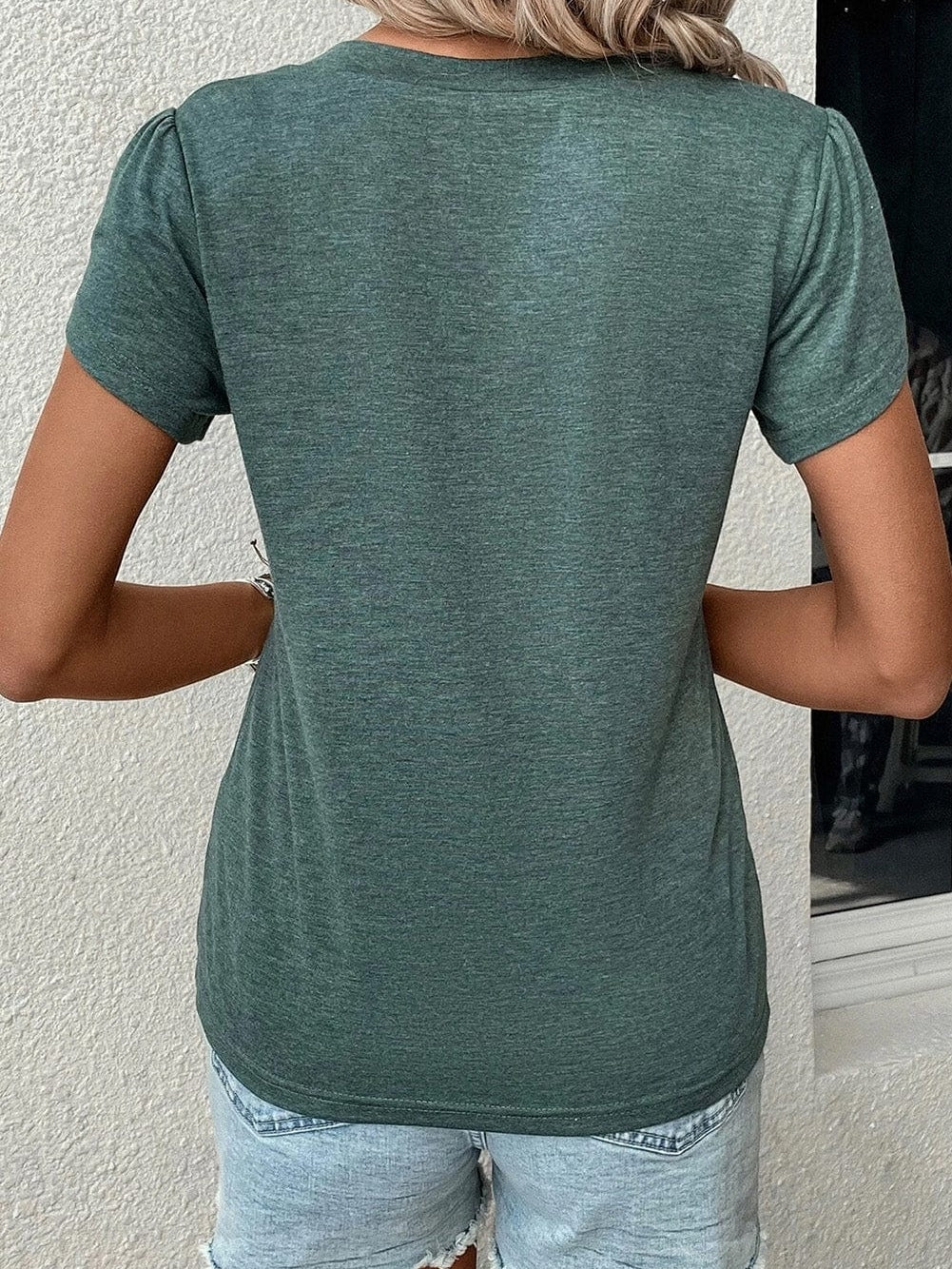 Misty Green Petal Sleeve V Neck Casual T-Shirt