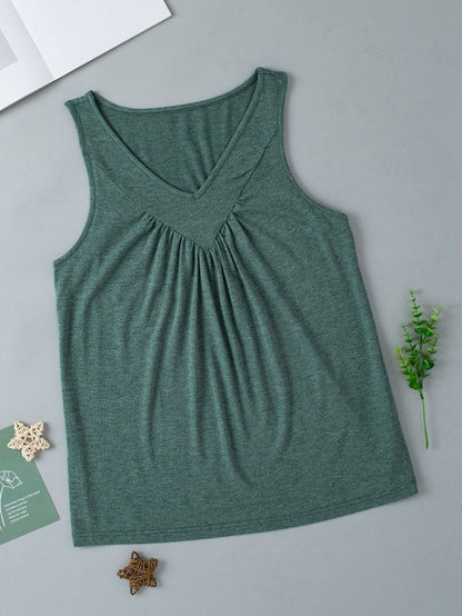 Misty Green Ruched V-Neck Sleeveless Tank Top