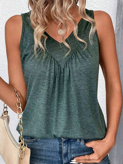 Misty Green Ruched V-Neck Sleeveless Tank Top