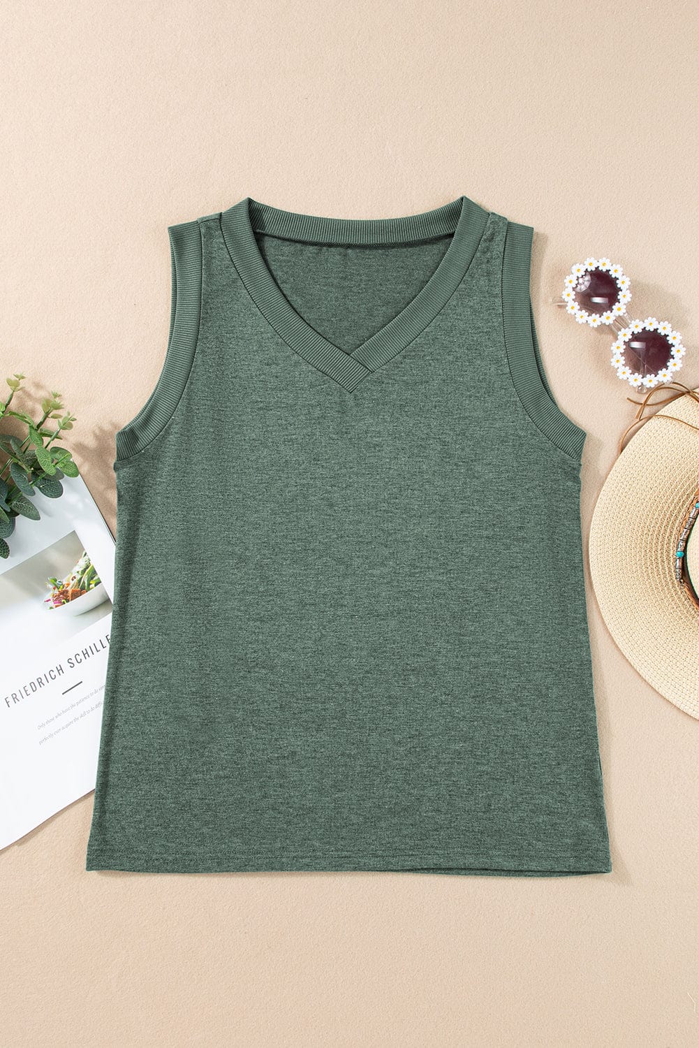 Misty Green Sleeveless Ribbed V Neck Top