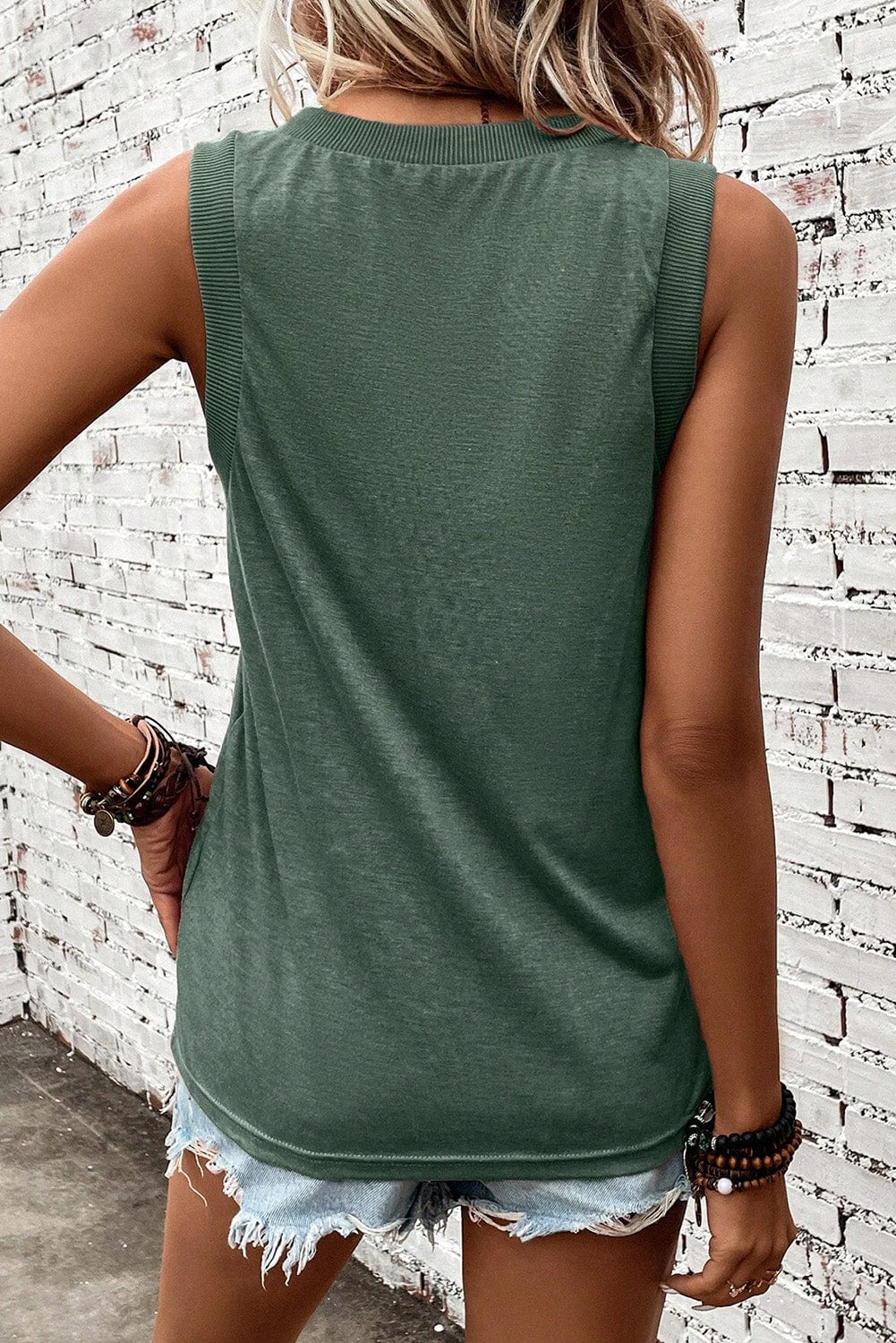 Misty Green Sleeveless Ribbed V Neck Top